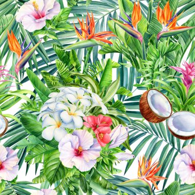 Hindistan cevizi, palmiye yaprakları, tropikal çiçekler plumeria, amber çiçeği ve Strelitzia, botanik suluboya. Kusursuz desenler.