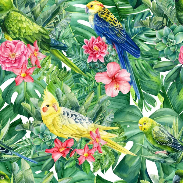 Zökkenőmentes minta trópusi levelek, virágok és papagájok, dzsungel háttér, akvarell festés — Stock Fotó