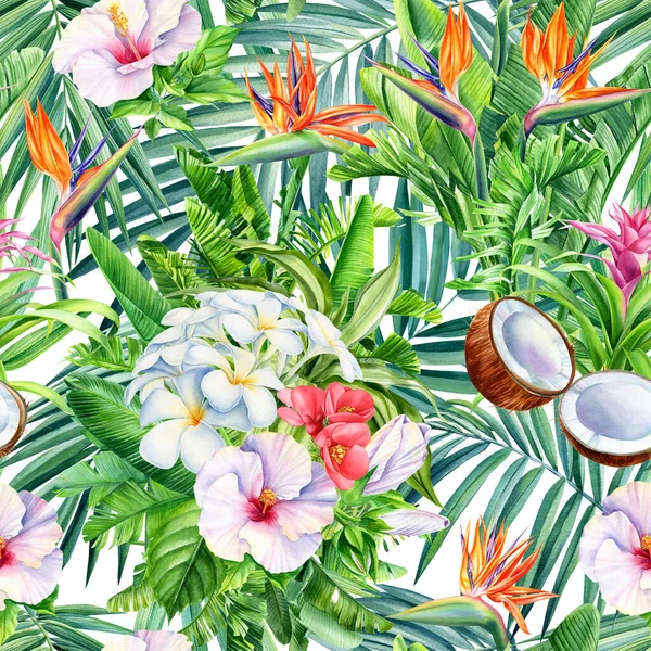 Coconut, palm leaves, tropical flowers plumeria, hibiscus and Strelitzia , watercolor botanical. Seamless patterns.
