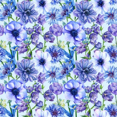Mavi çiçekler, mısır çiçekleri, deniz şakayıkları ve çan çiçekleri, suluboya botanik çizimler. Kusursuz desenler.