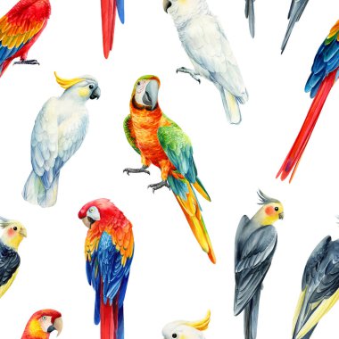 Tropik kuşlar, suluboya papağanlar. Kusursuz desenler.