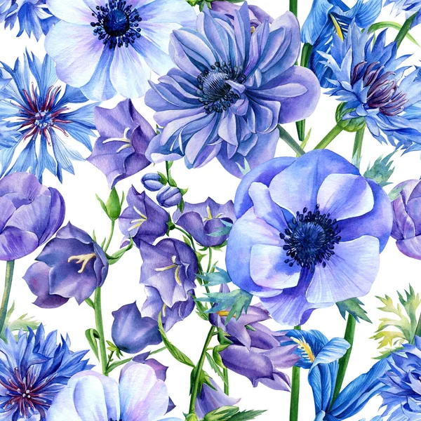 Blue flowers, Cornflowers, anemones and bluebells, watercolor botanical illustration. Seamless patterns. — Stock Photo, Image
