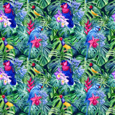 Palmiye yaprakları, tropikal çiçekler orkide ve papağanlar botanik suluboya. Kusursuz desenler.