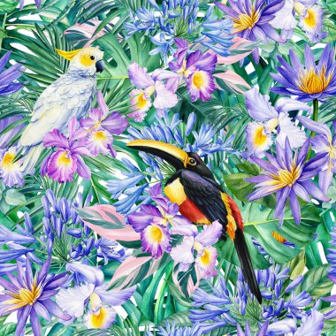 Papağan ve Tukan. Tropikal yaprakların ve çiçeklerin kusursuz deseni. orman arkaplanı