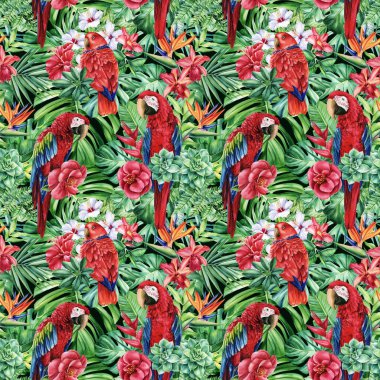 Palmiye yaprakları ve papağan papağanı. Suluboya vahşi yaşam çizimi, kusursuz desen, orman tasarımı