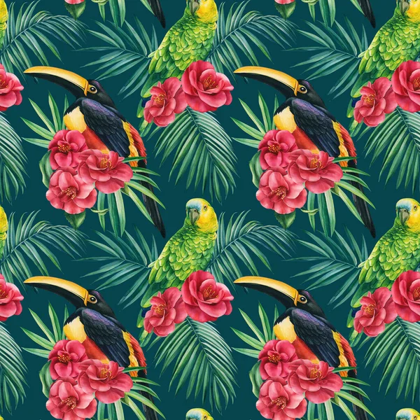 Uccelli tropicali, pappagalli e tucano. Illustrazione acquerello fauna selvatica, modello senza soluzione di continuità, fiori di camelia — Foto Stock