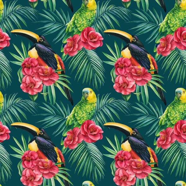 Tropical birds, parrots and toucan. Watercolor wildlife illustration, seamless pattern, camellia flowers