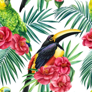 Tropik orman palmiyesi, modaya uygun Tukan kuşlu yeşil yapraklar, papağan. Kusursuz bileşim deseni