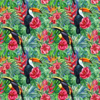 Tukan kuşları ve helikonya, kamelya çiçekleri. Tropik palmiye yapraklarının kusursuz deseni. Orman arka planı, vahşi yaşam