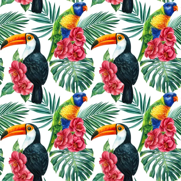 Toucan, parrot and palm leaves. Watercolor wildlife illustration, seamless pattern, jungle design