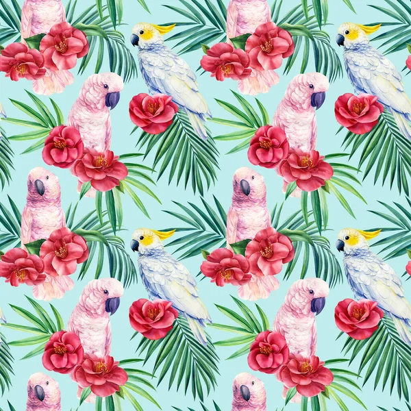 Seamless pattern, tropical leaves and parrots cockatoo. Watercolor wildlife illustration, blue background