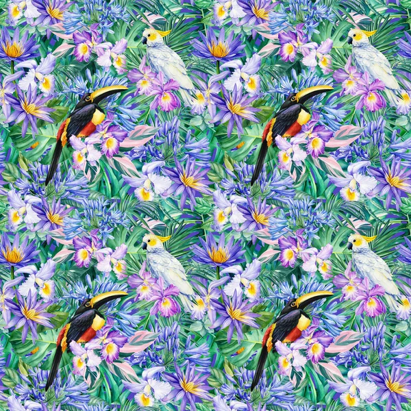 Kakadu und Tukan. Nahtloses Muster aus tropischen Blättern, Blüten und Papageien. Dschungel — Stockfoto