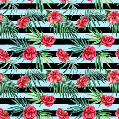 Palmiye yaprakları ve çiçekler siyah beyaz geometrik arka plan. Suluboya çizimi, kusursuz desen, el çizimi.