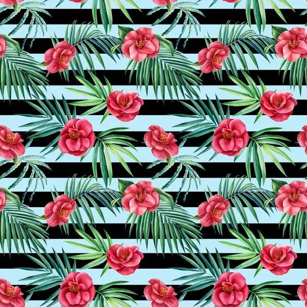 Palm leaves and flowers black white geometric background. Watercolor illustration, seamless pattern, hand drawing