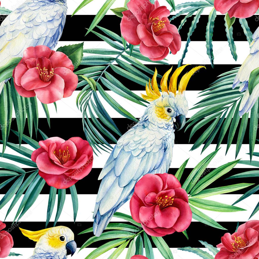 Watercolor seamless pattern with exotic leaves flowers and cockatoo birds on black white geometric background