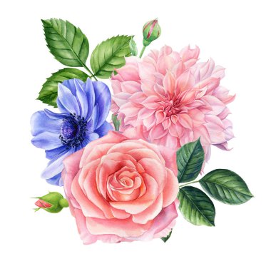 Botanik illüstrasyon. Çiçekler, şakayıklar, yıldız çiçekleri ve yapraklar, düğün tebrik kartı, el çizimi çiçek tasarımı. 