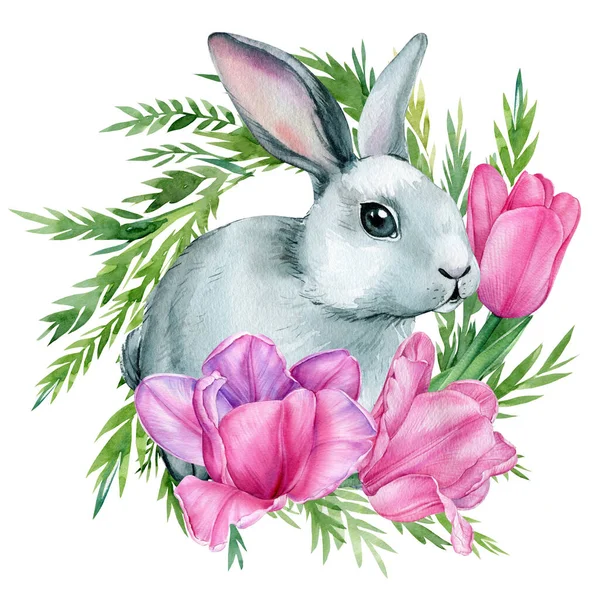 Cute easter bunny. Little bunnies, isolated background, watercolor illustration. Rabbit and tulips flowers painting — Stock Photo, Image