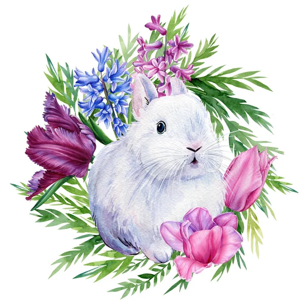 Lapin blanc avec des fleurs, couronne de Pâques sur fond isolé, illustration aquarelle, affiche numérique. Peinture de lapin — Photo
