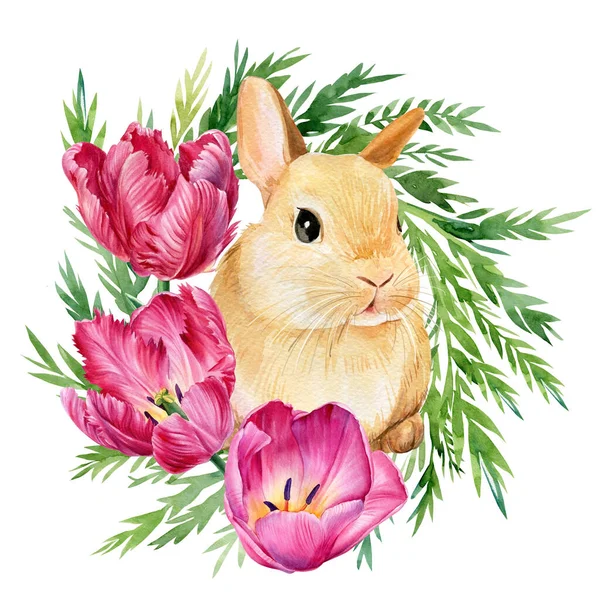Lapin de printemps avec des fleurs sur fond blanc isolé, illustration aquarelle, affiche numérique. Lapin de Pâques — Photo