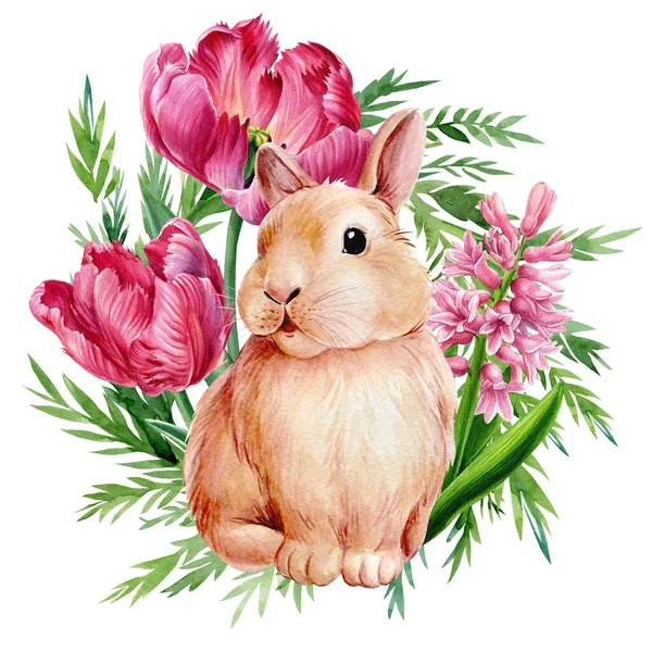 Couronne de fleurs et lapin sur fond blanc isolé, illustration aquarelle, lapin de Pâques — Photo