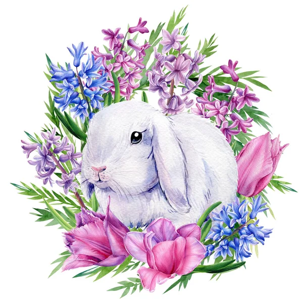 Paskalya tavşanı. İzole edilmiş beyaz arka planda bahar çiçekleri suluboya resimleme, şirin tavşan 