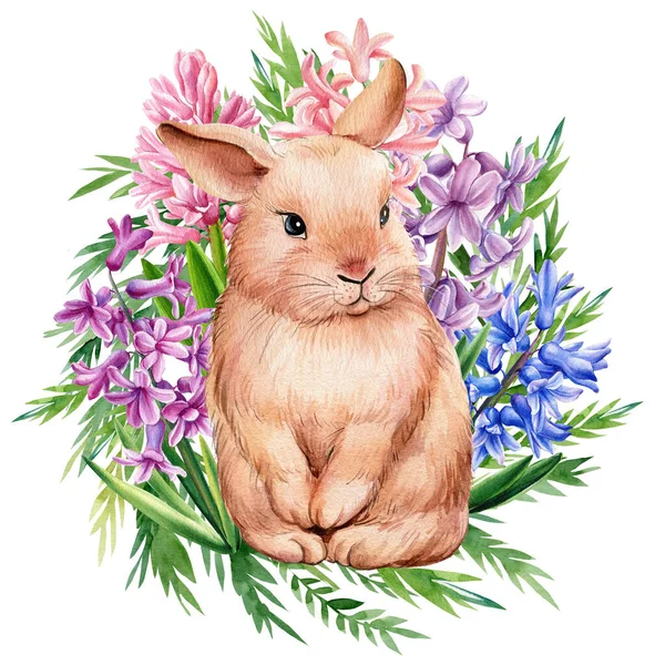 Spring Wreath. Bunny with flowers on white isolated background, watercolor illustration, digital poster. Easter rabbit