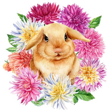 İzole edilmiş beyaz arka planda çiçek çelengi ve tavşan, suluboya şirin hayvan çizimi