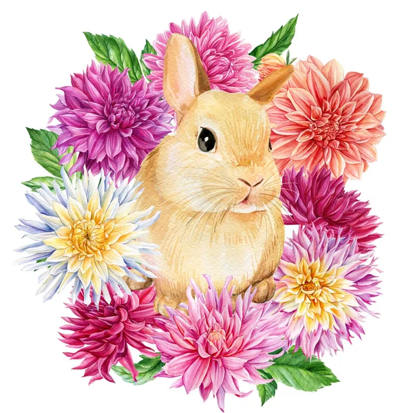 Couronne de fleurs aquarelle et lapin sur fond blanc isolé, illustration animale mignonne — Photo
