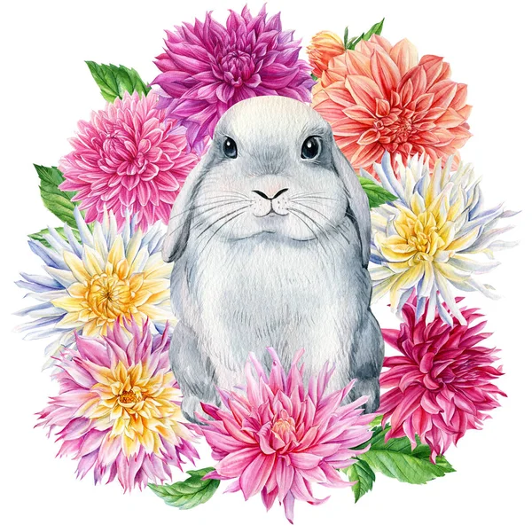 Λουλουδένιο στεφάνι, ακουαρέλα λουλούδι και κουνέλι σε απομονωμένο λευκό φόντο, χαριτωμένο ζώων εικονογράφηση — Φωτογραφία Αρχείου
