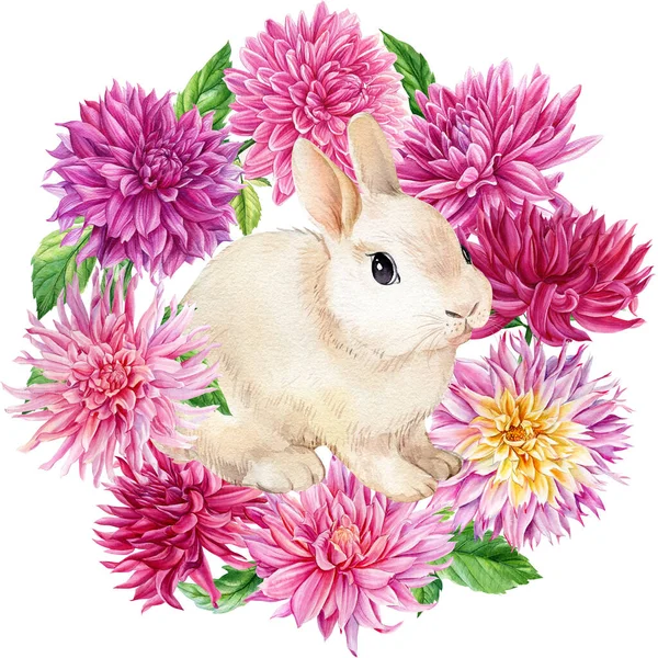 İzole edilmiş beyaz arka planda çiçek çelengi ve suluboya tavşan, sevimli hayvan resimleri.