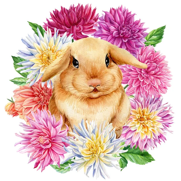 Couronne de fleurs et lapin sur fond blanc isolé, aquarelle illustration animale mignonne — Photo