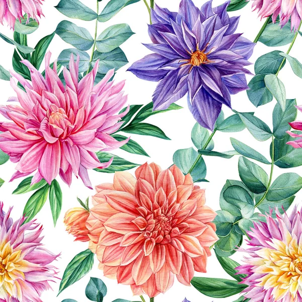 Nahtlose Blumenmuster auf isoliertem Hintergrund. Aquarell Flora Illustration Dahlien, Eukalyptus und Klematis — Stockfoto