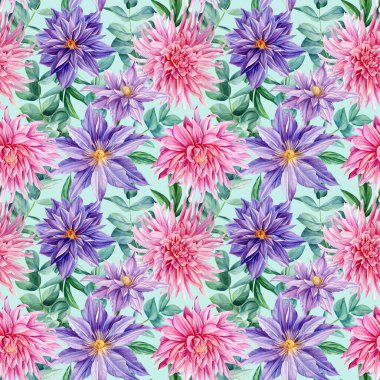 Çiçeksiz desenler, izole bir arka planda çiçekler. Suluboya resimli yıldız çiçekleri, okaliptüs ve klematis