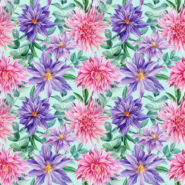 Blommor sömlösa mönster, blommor på en isolerad bakgrund. Akvarell illustration dahlior, eukalyptus och klematis — Stockfoto