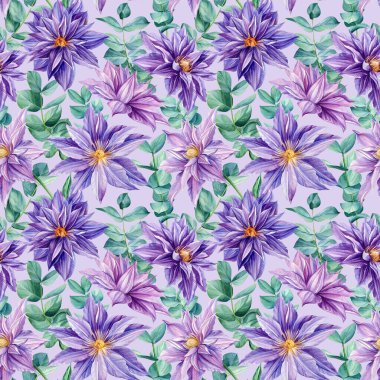 Okaliptüs ve klematis çiçeklerinin pürüzsüz desenleri. Çiçek arkaplan. Suluboya botanik çizimi