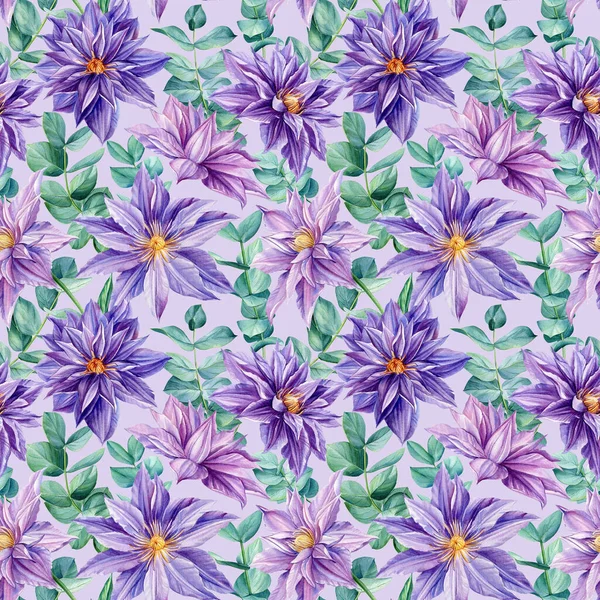 Фиолетовый бесшовный рисунок эвкалипта, клематис с цветами. Цветочный фон. Акварельная ботаническая иллюстрация — стоковое фото