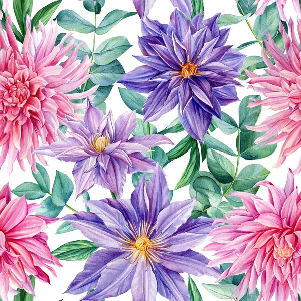 İzole bir arka planda kusursuz çiçek desenleri. Suluboya flora illüstrasyon yıldız çiçekleri, okaliptüs ve klematis.