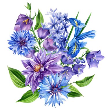 İzole bir zemin üzerinde buket mavi çiçekler, suluboya resimli BlueBell, mısır çiçeği, sümbül ve klematis.