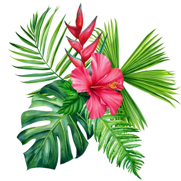 Tropical leaves palm and hibiscus, heliconia flowers. Watercolor illustration — Stock Photo, Image