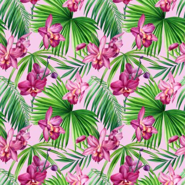 Çiçeksiz desenler. Palmiye yaprakları, tropik pembe çiçekler, orkide suluboya çizimi. 
