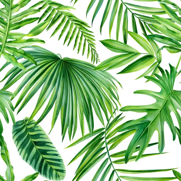 Ilustración de acuarela sin costuras de hojas tropicales, selva. Patrón con fondo de textura tropical, papel de envolver —  Fotos de Stock