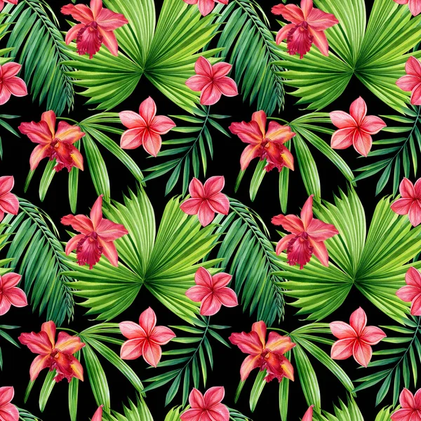 Daun tropis, bunga anggrek dan plumeria, ilustrasi botani cat air. Pola mulus pada latar belakang hitam — Stok Foto
