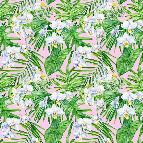Palmblad och tropiska blommor, exotiska djungeltapeter. Orkidé blomma akvarell illustration. Sömlösa mönster. — Stockfoto
