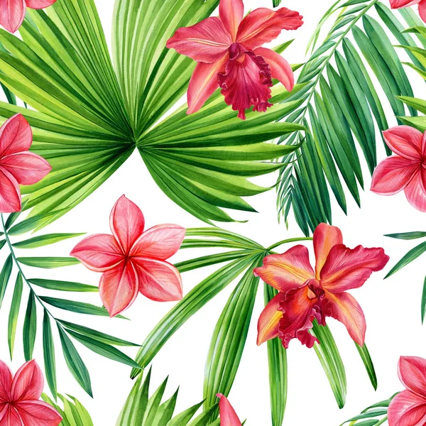 Hojas de palmeras tropicales, flores de orquídeas y plumerías, ilustración botánica de acuarela. Patrones sin costura. —  Fotos de Stock