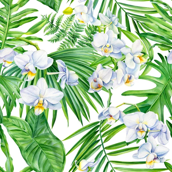 Hojas tropicales y flores de orquídea, fondo de pantalla de la selva. Ilustración floral de acuarela. Patrones sin costura de moda. —  Fotos de Stock