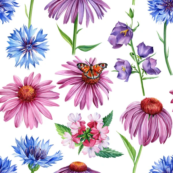 Yaban çiçekleri, mısır çiçeği, ekinezya, çan çiçekleri ve verbena. Suluboya çiçekler. Kusursuz desenler. Dijital kağıt — Stok fotoğraf