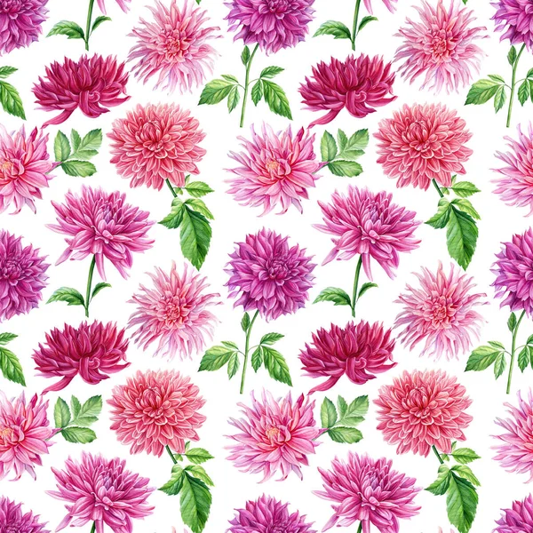 Dahlia flowers, branches of roses and leaves. Watercolor floral Seamless patterns — Stock Photo, Image