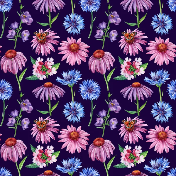 Vintage wildflowers. Akvarelové květiny. Bezešvé vzory. Digitální papír — Stock fotografie