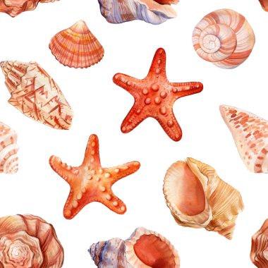 Deniz kabuklu kusursuz suluboya deseni. El yapımı eskiz malzemeleri. Duvar kağıdı için denizcilik arkaplanı