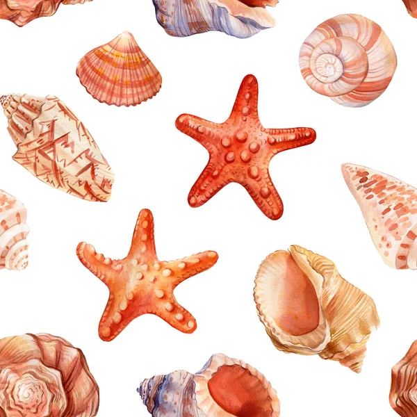 Seamless watercolor pattern with sea shells. Hand drawn vintage sketch elements. Nautical background for wallpaper —  Fotos de Stock